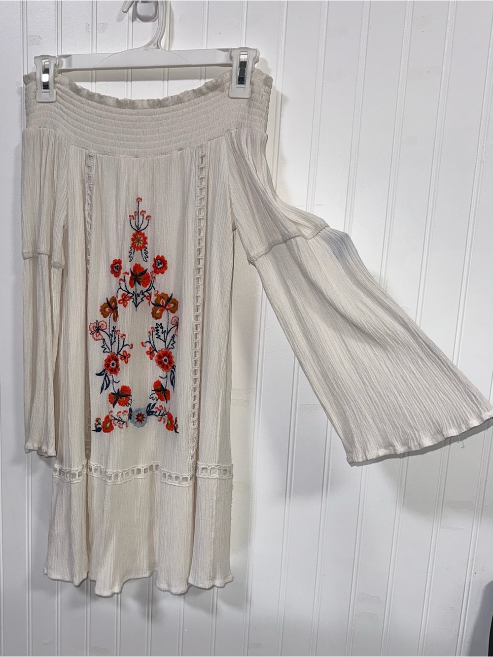 Altar'd State Cream Off-Shoulder Mini Dress with Red Floral Embroidery